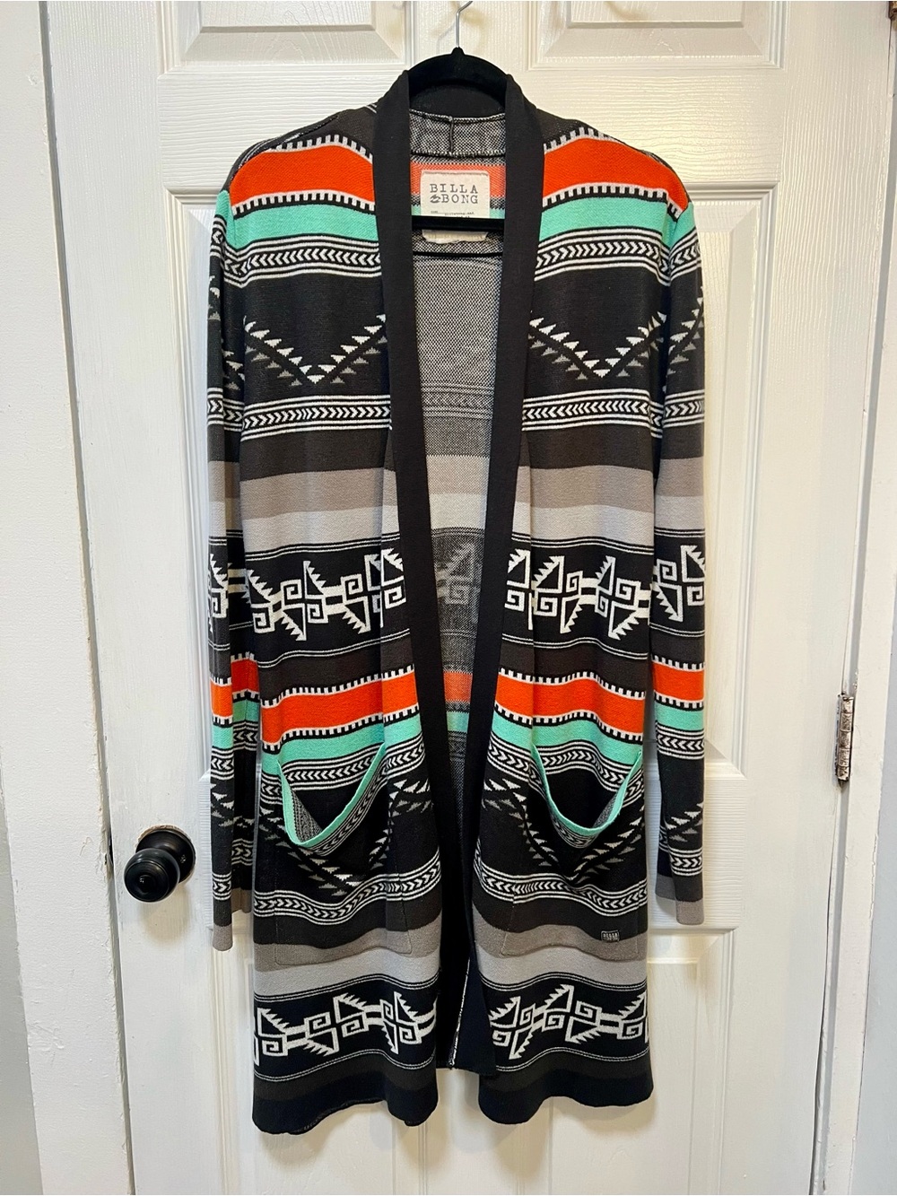 Billabong Long Open Front Cardigan Size L Southwestern Aztec Print